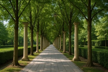 Fototapeta premium A walkway lined with trees and pillars in a park