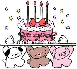 케이크를 들고 있는 강아지 곰 돼지 캐릭터 일러스트