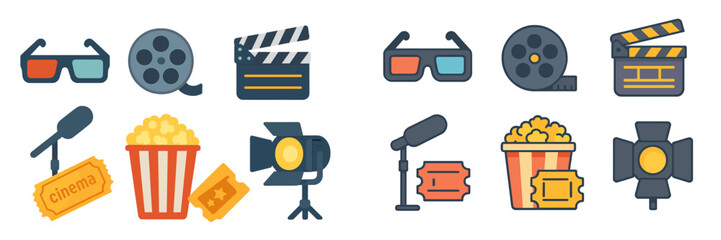 Colorful icons representing film and cinema elements including popcorn, tickets, and cameras for creative projects