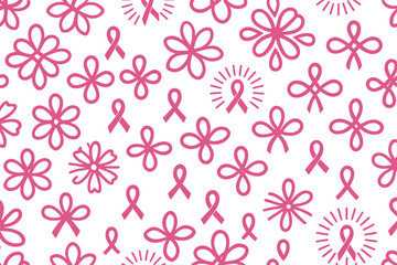 Playful pink ribbon and floral pattern symbolizing breast cancer awareness