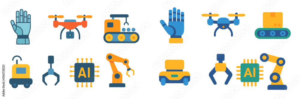 Poster various robotic and artificial intelligence icons depicting technology, automation, and innovation i