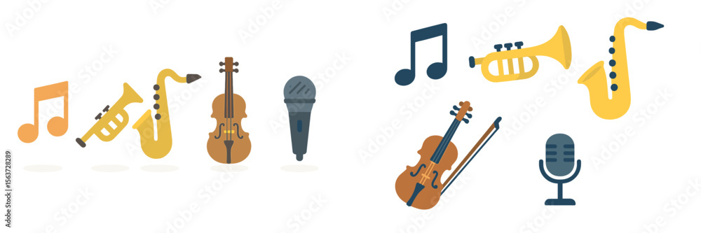 Poster musical instruments and notes illustrated in vibrant colors, symbolizing creativity and artistic exp