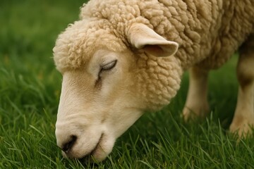 Fototapeta premium A sheep grazing in a field of green grass