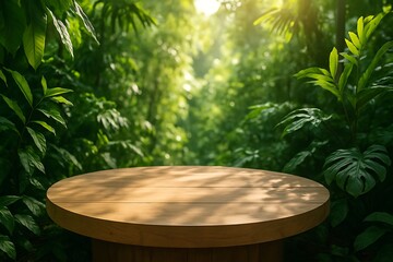Round wooden table in lush green tropical jungle setting
