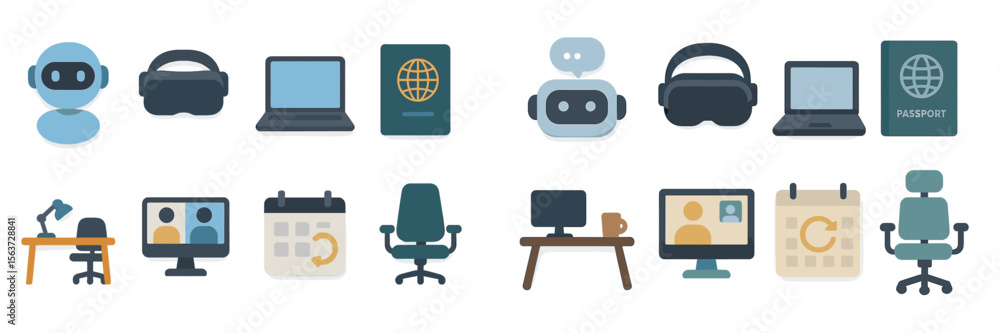 Poster Icons representing modern technology and remote work environments in various forms including virtual reality and digital communication
