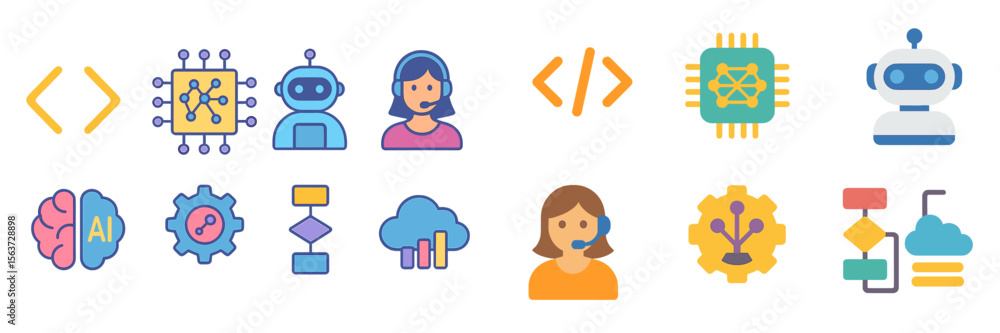 Poster Exploring digital technology icons and symbols to represent artificial intelligence and programming concepts in a creative layout