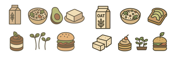 Colorful illustrations of plant-based foods and ingredients displayed in a vibrant layout showcasing healthy eating options