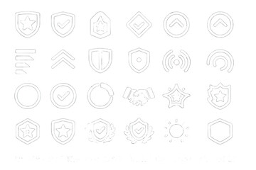 Set of 24 glowing vector icons featuring badges, shields, checkmarks, signals, and ranks.