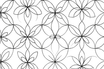 Black and white floral pattern with geometric shapes on a grid.