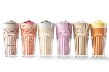 high quality picture of Set of glasses with delicious protein shakes on white background