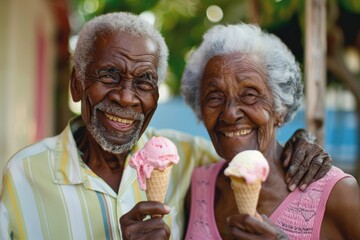 Portrait of a blissful afro-american couple in their 80s eating ice cream