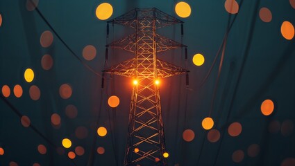 Illuminated power pylon. An electricity pylon lit up at night, surrounded by glowing orange bokeh lights against a dark teal sky.