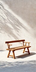Serene Rustic Wooden Bench in Sunlit Setting with Blank Wall Space for Copy, Minimal Shadows