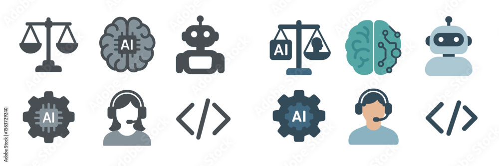 Poster illustration of artificial intelligence concepts featuring scales, brains, robots, and gears in a mo