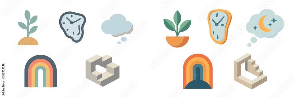 Poster Creative design elements showcasing various shapes and symbols representing time and nature in a colorful arrangement