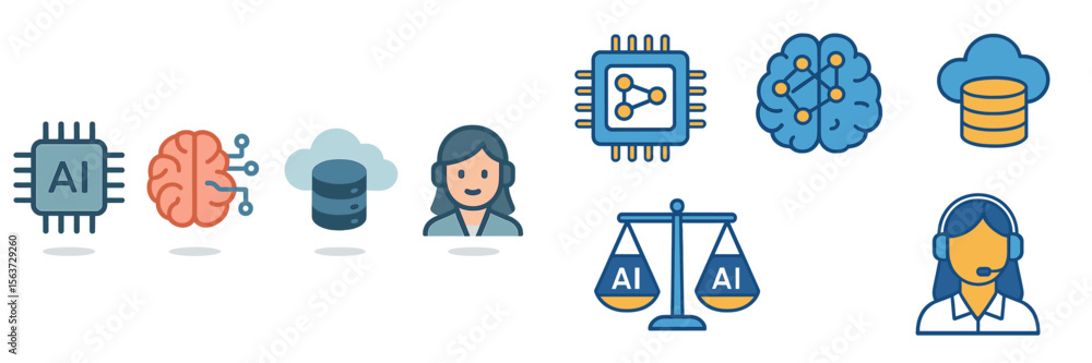 Poster Exploration of artificial intelligence concepts represented through icons depicting its functions and applications