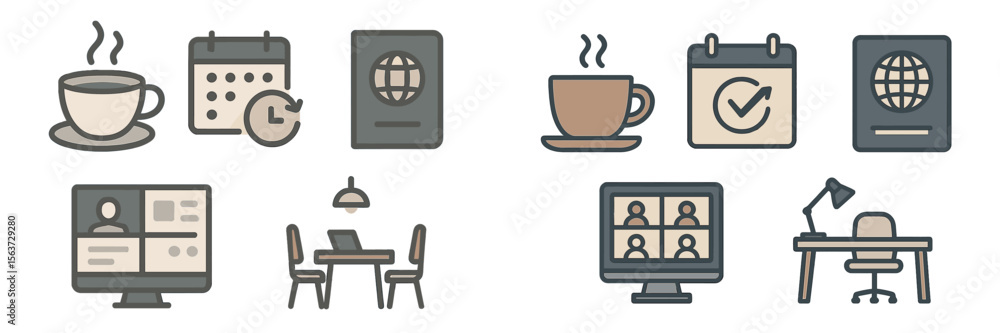 Aufkleber Coffee cup with calendar and laptop setup for remote work and virtual meetings in a cozy workspace