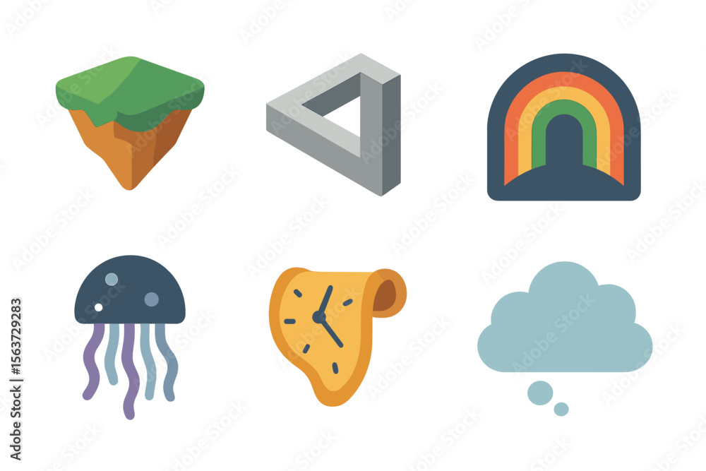 Poster Unique collection of geometric and whimsical digital icons featuring natural and abstract elements displayed on a white background