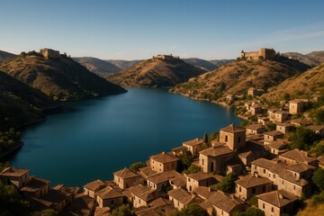 Obraz premium A large body of water surrounded by hills and buildings