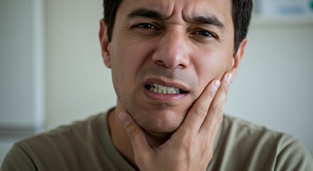 Obraz premium Man Grimacing in Pain, Holding His Jaw, Experiencing Severe Toothache or Facial Discomfort