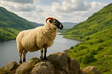 Fototapeta premium A sheep standing on top of a rock next to a body of water