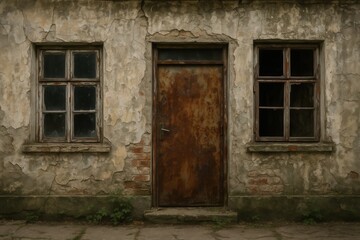 An old building with two windows and a rusty door