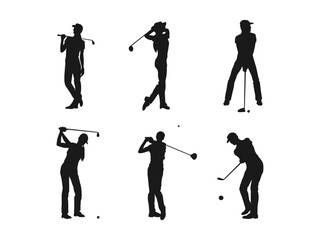 Silhouette of a woman golf player pose illustration. Female Golfers in Action Silhouettes. Silhouette of a female golfer hitting a ball. Various male and female golf poses in silhouettes.