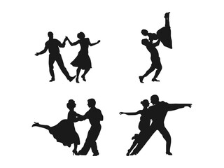 Beautiful set of dancing couples in silhouette. Silhouette of dancing people. A couple of lovers. Couples Silhouettes in Various Ballroom Dances.