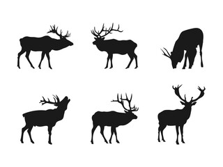 Elk or moose silhouette, solid icon vector. Elk icon. Silhouette of an elk. A set of black silhouettes of a deer isolated on a white background.