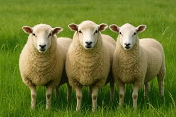 Three sheep standing in a grassy field looking at the camera