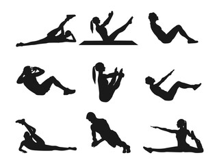 floor exercise silhouette. Kegel exercises, black isolated silhouette. Diverse Fitness Exercises Silhouette Illustrations.