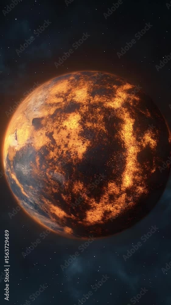 Aufkleber fiery planet in space with orange and black patterns against a dark background, illuminated by ambie