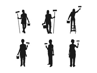 Silhouette of a mature woman painting a wall using a ladder. Silhouettes of painters working, showcasing various painting positions. painter silhouette on a white background.