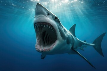 Naklejka premium A great white shark with its mouth open in the ocean