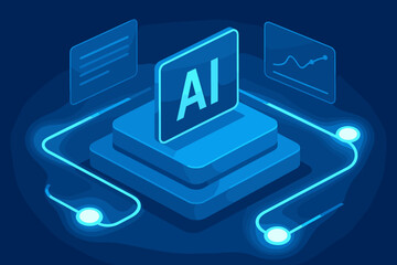 3D glowing AI platform interface with data panels and connected nodes