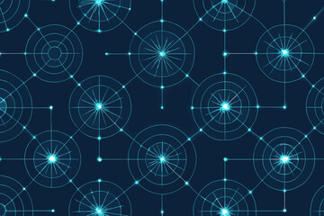 Seamless digital network pattern with glowing concentric hubs and lines