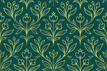 Glowing yellow floral design with plants and leaves on a dark green background.