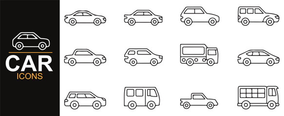 A variety of black and white car icons, perfect for transportation, vehicle fleet designs, or car dealership projects.