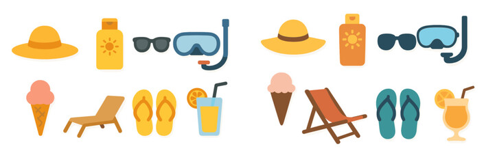 Summer beach essentials including hats, sunglasses, and refreshing treats for a fun day in the sun