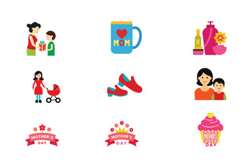 A set of mothers day items Mom receiving gifts enjoying spa time with baby stroller cupcake and banner for Mother's Day joy Vector illustration on white background