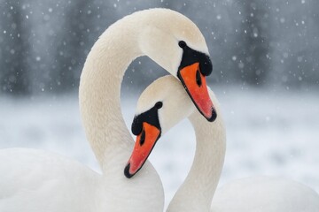 Fototapeta premium A couple of white swans standing next to each other in the snow