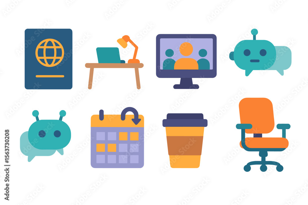 Poster digital workspace elements featuring a desk, technology, and planning tools for remote work activiti