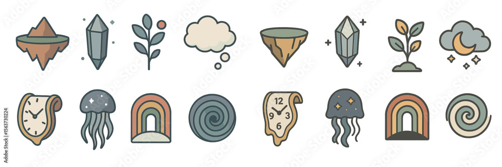 Poster creative illustrations of nature, time, and abstract shapes displayed in a playful style