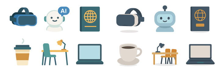 Virtual technology and workspace symbols represent modern digital lifestyle and AI integration in daily activities