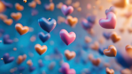 Naklejka premium Colorful Floating Hearts in a Dreamy Background with Vivid Bokeh Effects Ideal for Romantic or Love-themed Projects, Celebrations, and Digital Artwork