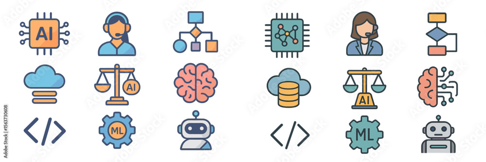 Poster Icons representing AI and machine learning concepts in various applications and fields including cloud computing and data analysis