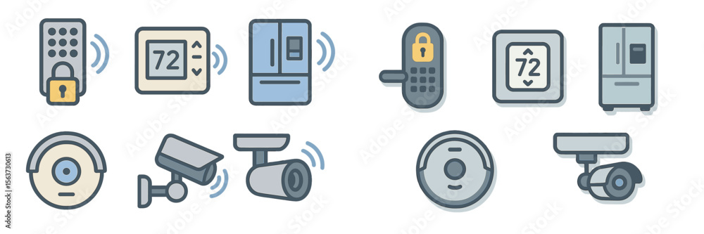 Poster smart home technology icons depicting various devices for security and climate control in a modern h