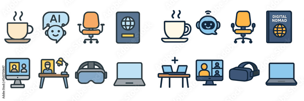 Poster digital tools for remote work and modern lifestyle with elements like coffee cups and virtual realit