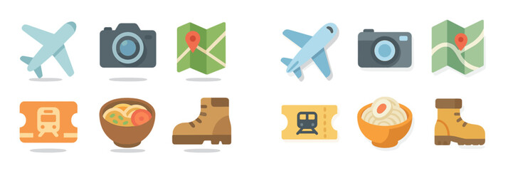 Travel icons representing different modes of transportation and activities for planning adventures