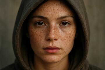 A young girl with freckles on her face wearing a hoodie